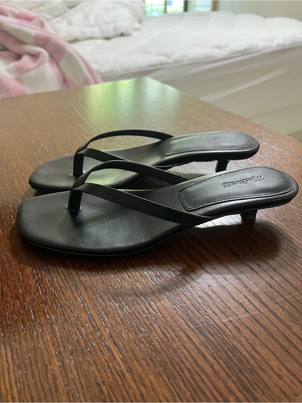 Madewell Black Leather Thong Kitten-Heel Sandals